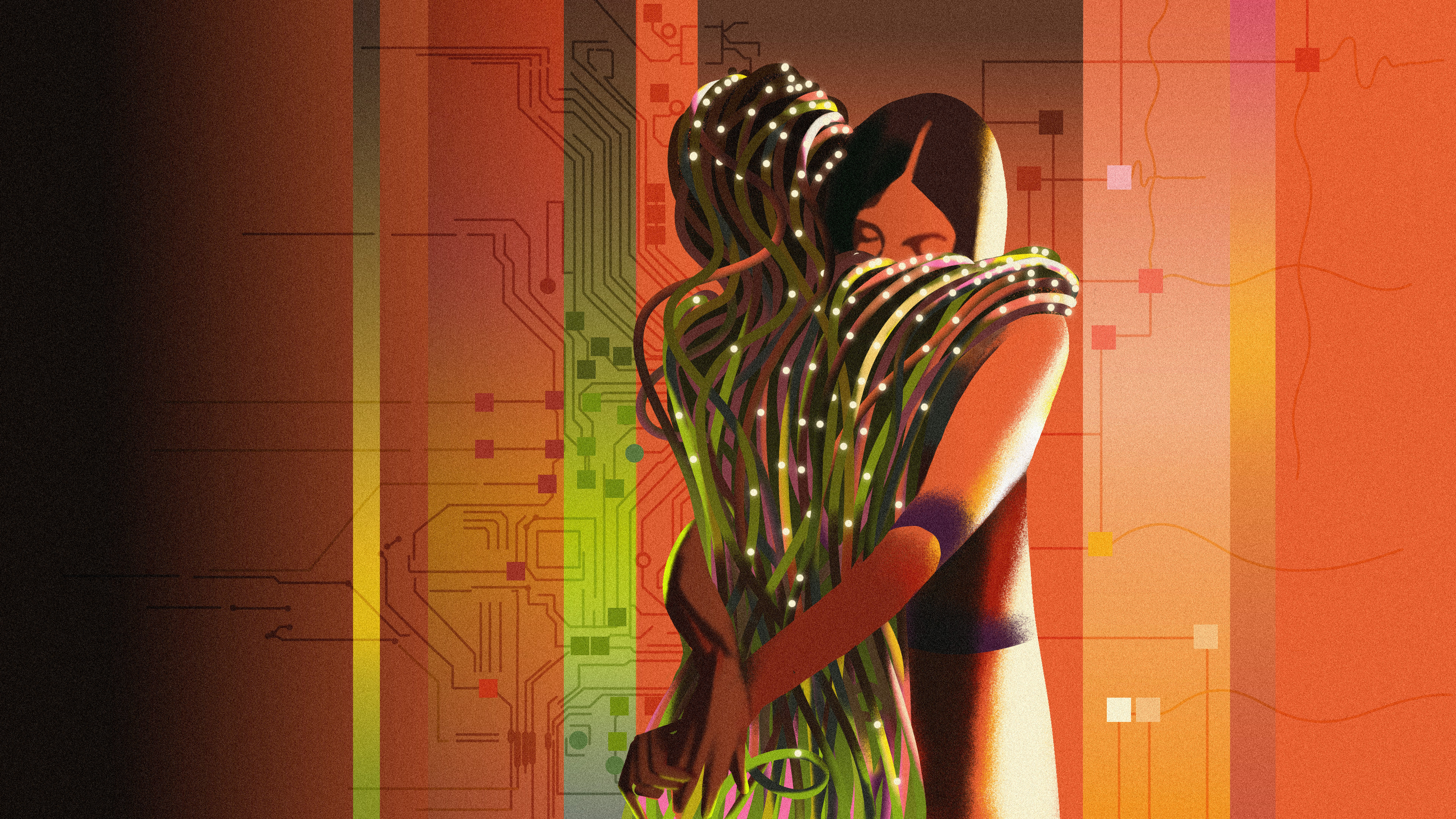 A woman hugs a figure made of wires.