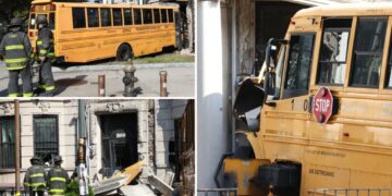 NYC yellow school bus slams into apartment building in dramatic morning rush scene