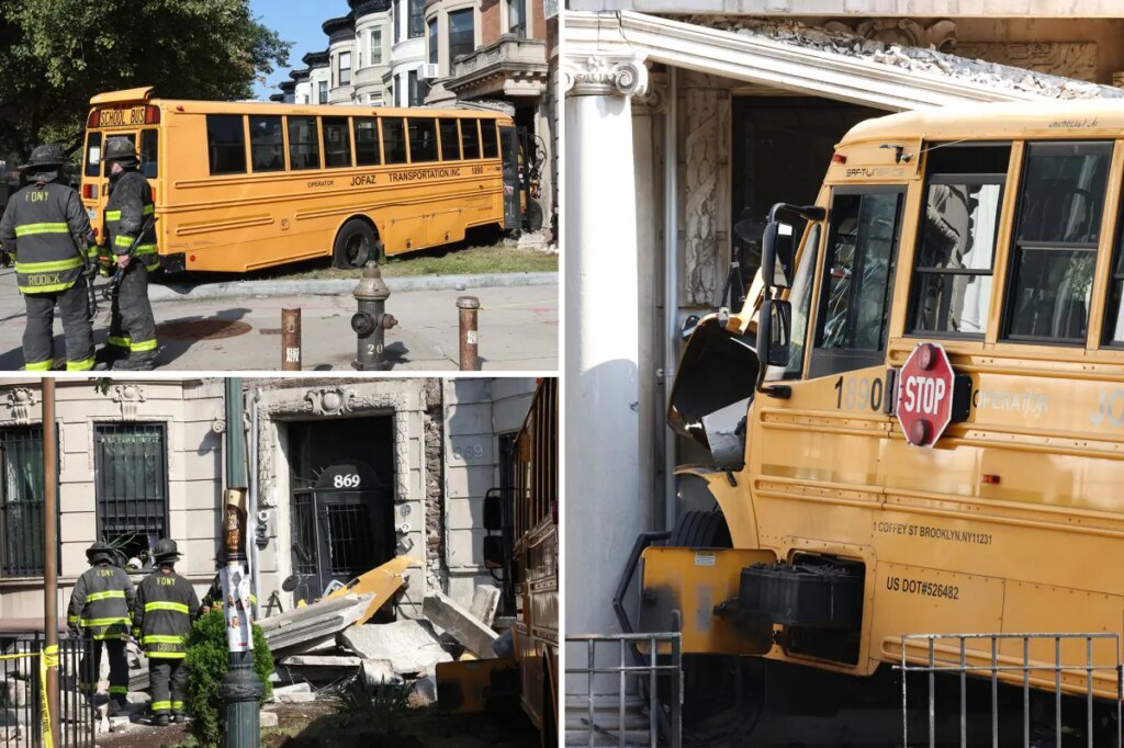 NYC yellow school bus slams into apartment building in dramatic morning rush scene