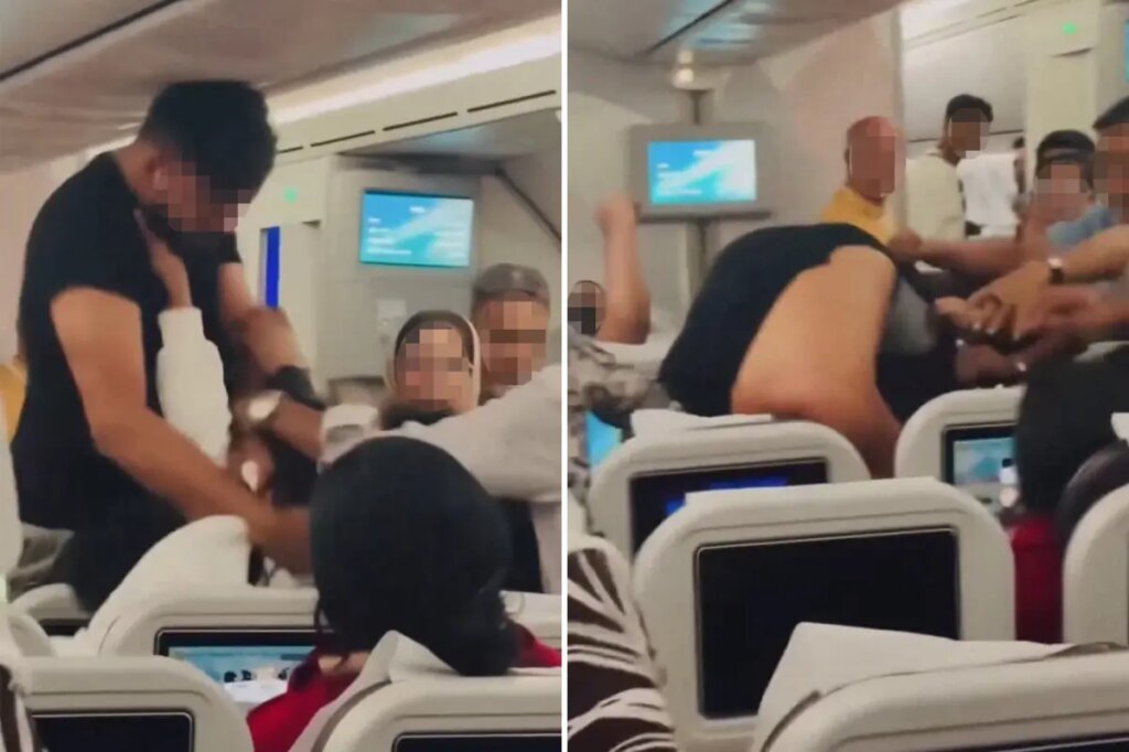 Plane passengers trade blows in wild mid-flight brawl in front of terrified kids