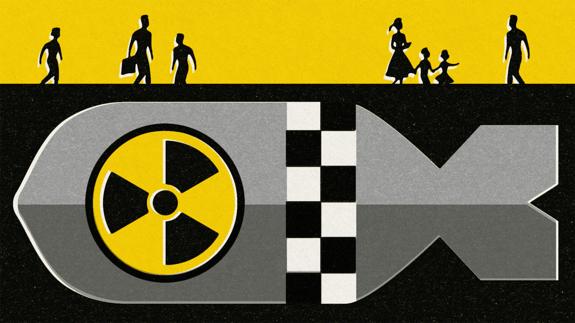 Illustration of a big bomb underground with silhouettes of people walking above