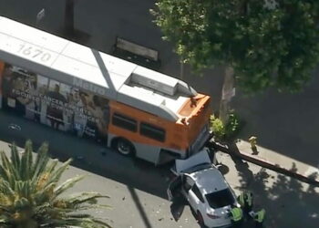Six taken to the hospital after car crashes into Metro bus in Reseda