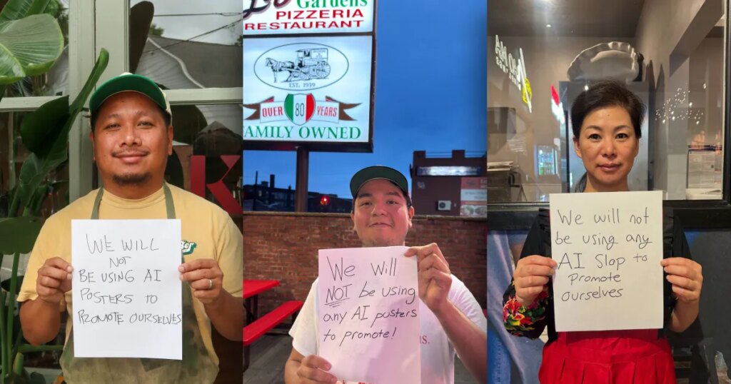 Restaurants Are Going Viral by Holding Up Handwritten Signs Pledging Not to Use AI Foodslop Posters