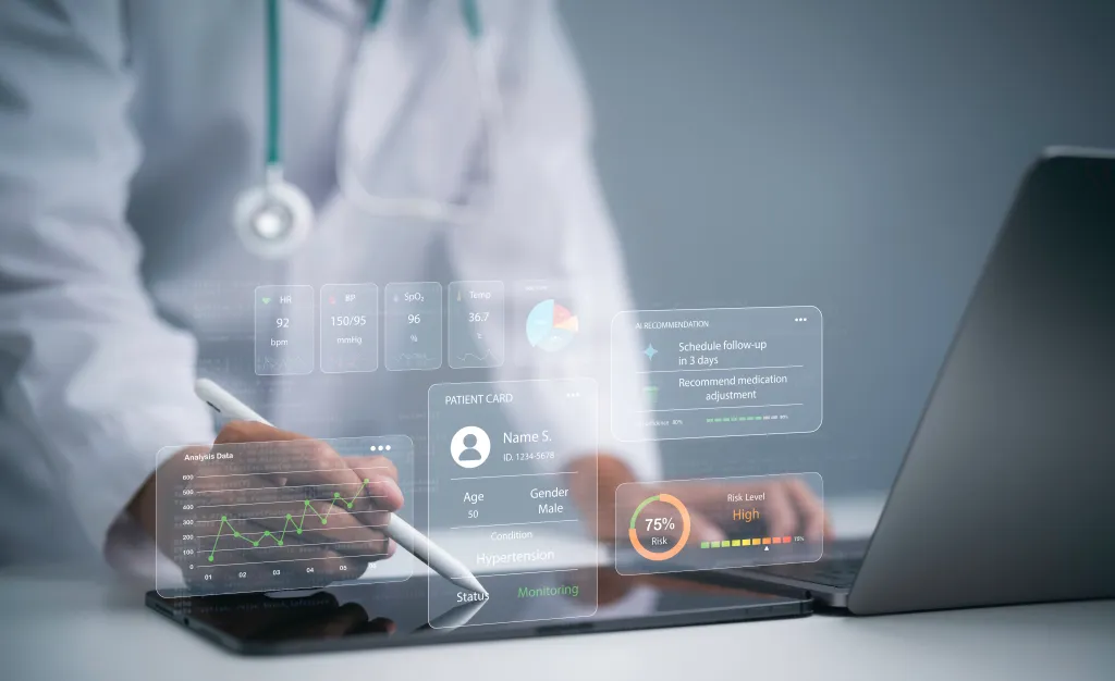 Illustration of a doctor using an AI patient monitoring interface on a laptop, showing vital signs, medical data, risk analysis, and recommendations.