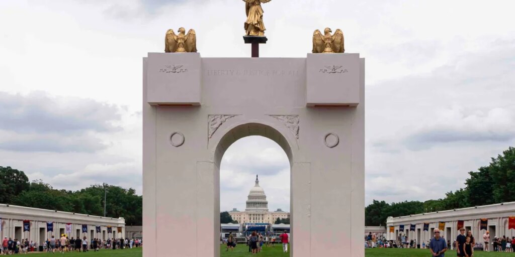 Trump says he will convert his planned arch to a ‘top grade military complex’ that can host drones, snipers and ammunition