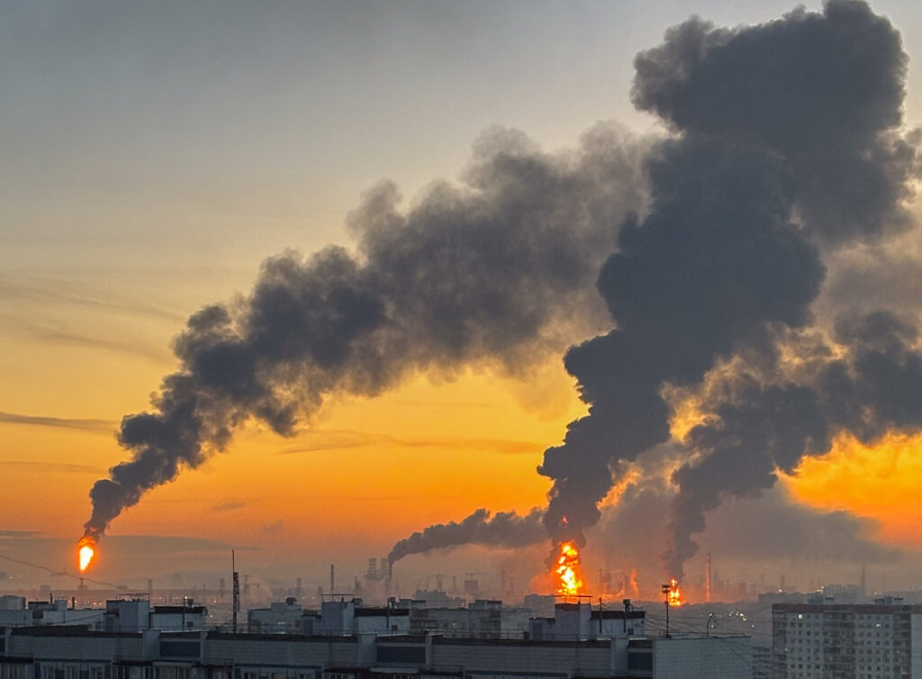 Ukraine marks Putin’s scripted election win with assault on Moscow refinery