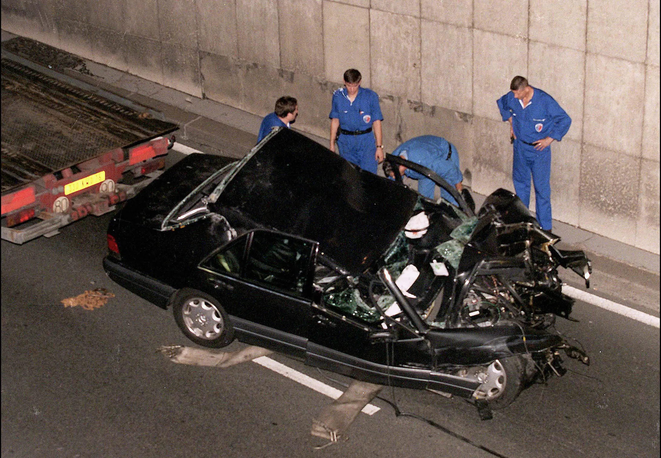 The crashed Mercedes of Princess Diana and Dodi Al Fayed under Alma tunnel in Paris.