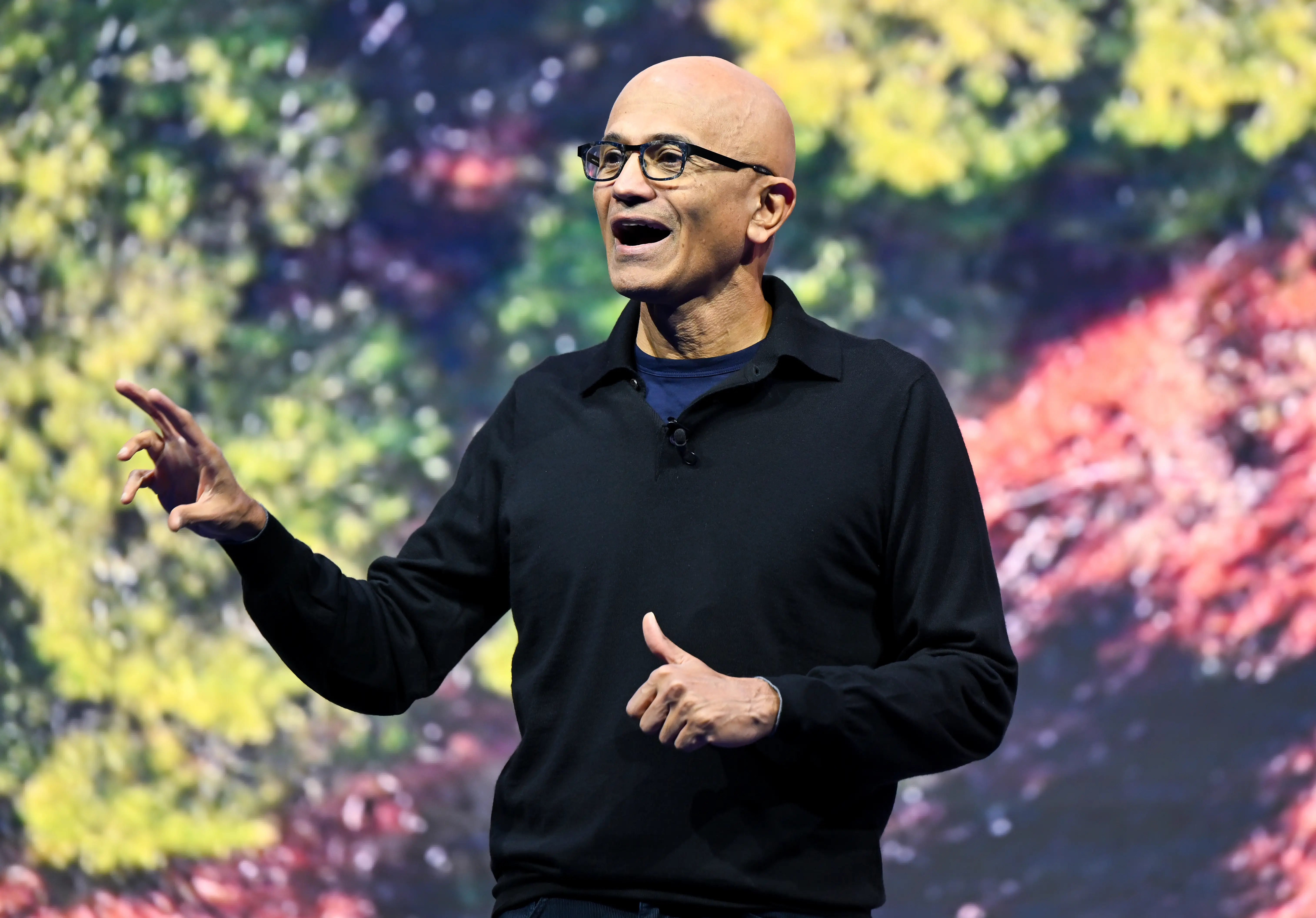 25 February 2026, Bavaria, Munich: Satya Nadella, CEO of Microsoft, speaks on stage during the Microsoft AI Tour. The company will be presenting new AI applications as part of a keynote speech. Photo: Sven Hoppe/dpa (Photo by Sven Hoppe/picture alliance via Getty Images)