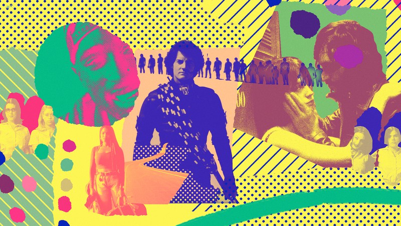 Photo illustration of scenes from various films set against a yellow background covered in blue, green, and pink graphics