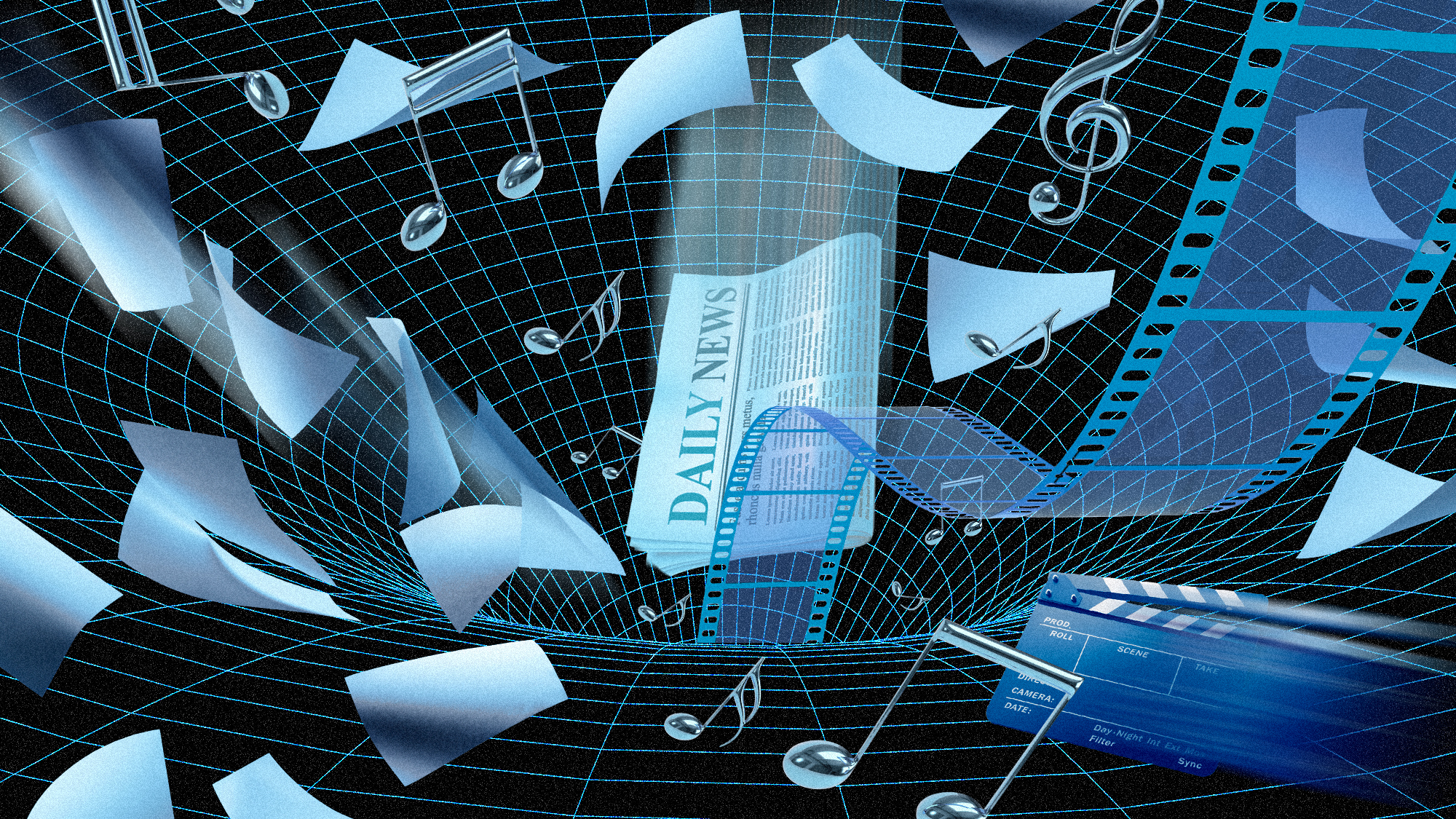Music, newspapers, and other media falling into a black hole.