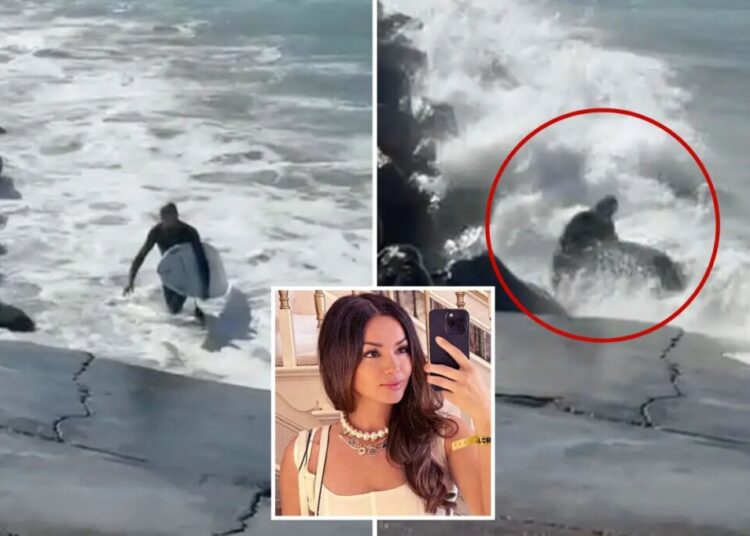 Moment California surfer smashed onto rocks by hurricane-powered wave before celebrity publicist’s daring rescue