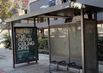 Man makes camp, with his shopping cart, atop Brentwood bus stop shelter