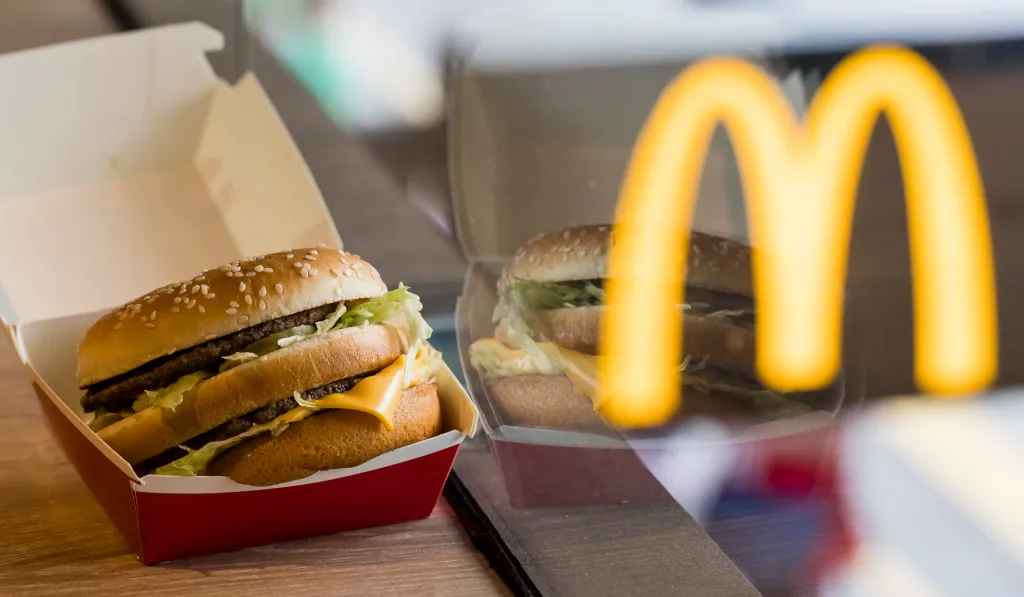 A McDonald's Big Mac burger in its open cardboard box.