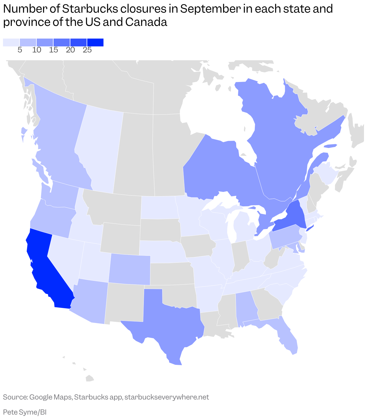 A map of the US and Canada divided into states/provinces shows each colored on a scale depending on how many Starbucks closures there were in September, led by California's 57.