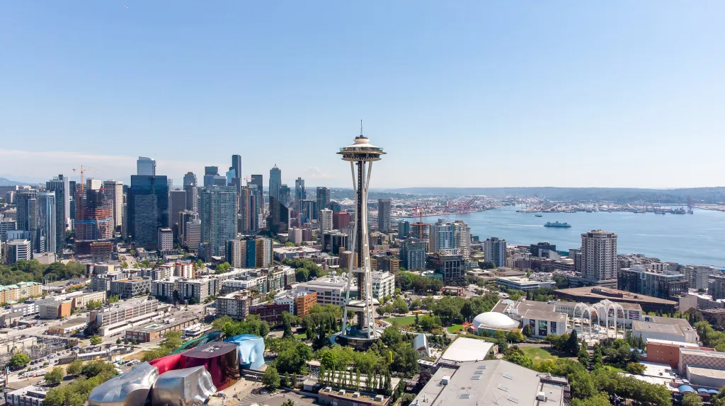 Aerial view of Seattle downtown, featuring the Space Needle and the waterfront.