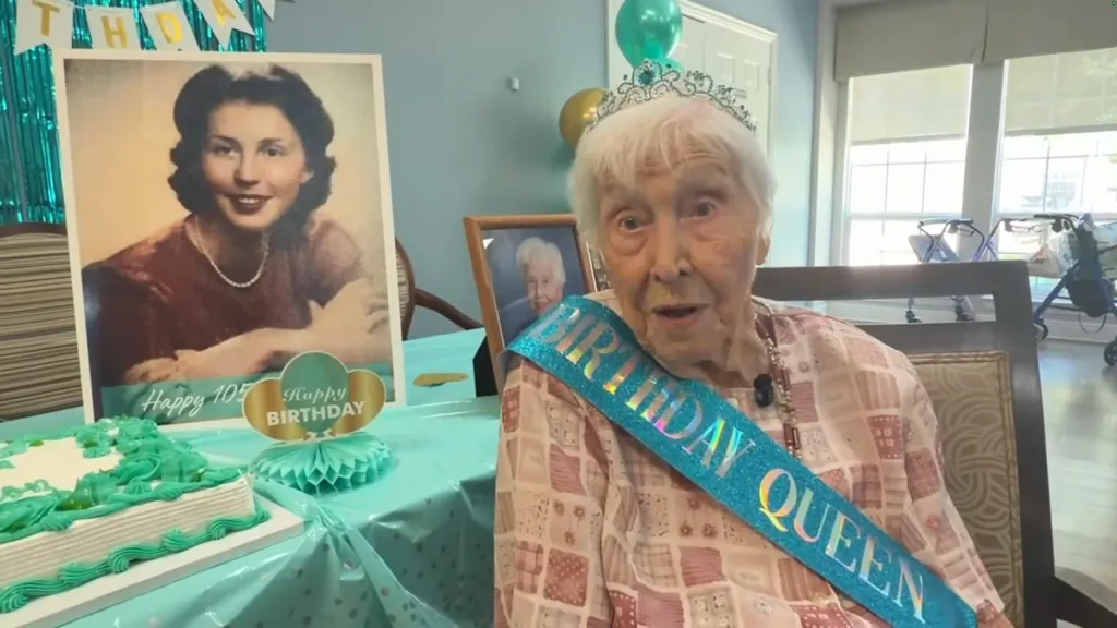 Blynda Vidock, a woman celebrating her 105th birthday, wearing a tiara and 