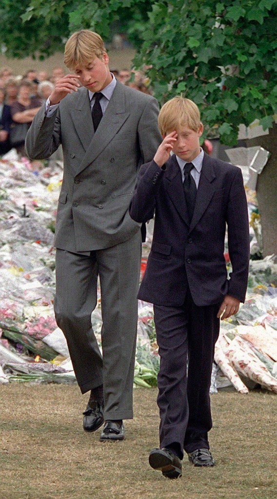 Princes William and Harry viewing flowers and mementos left for their mother Princess Diana.