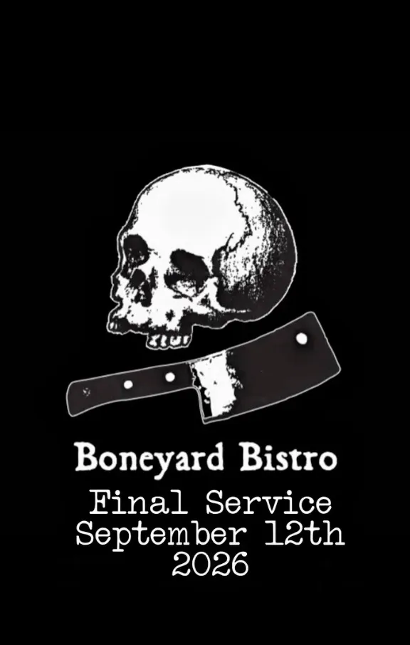 Illustration of a skull and a meat cleaver with text announcing Boneyard Bistro's final service on September 12th, 2026.