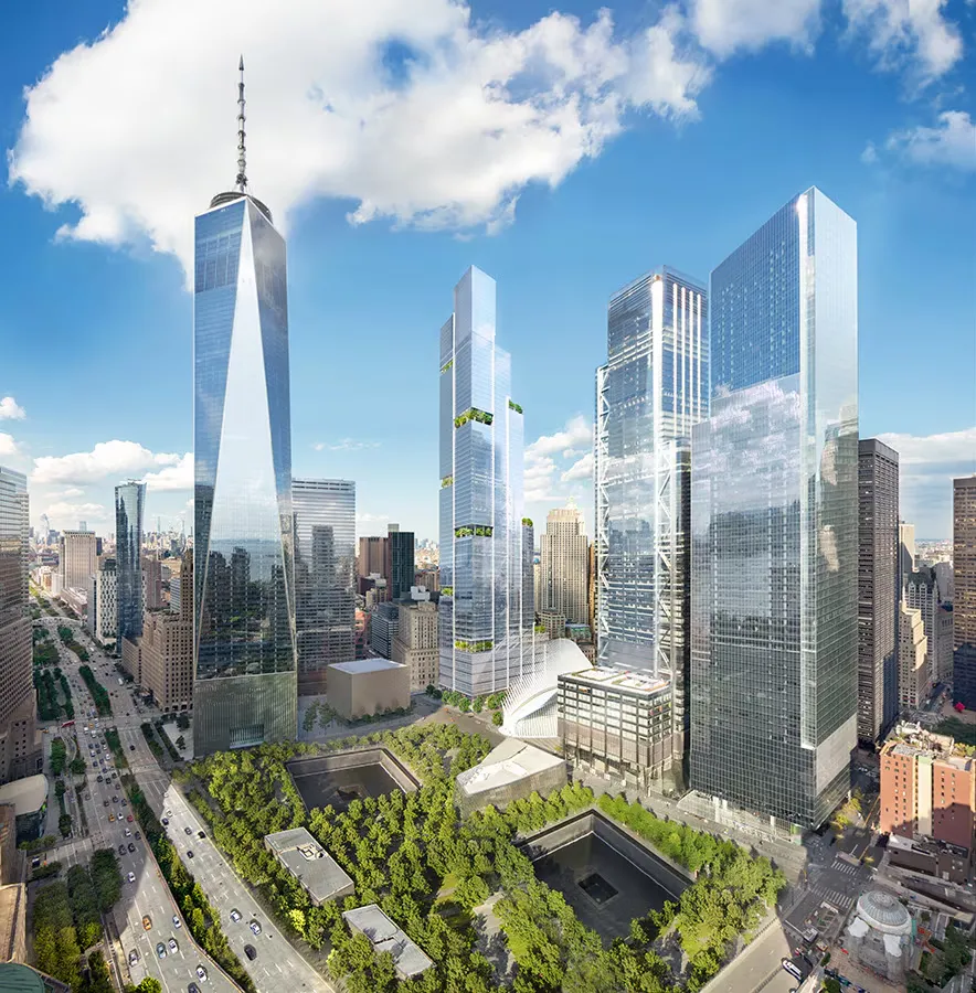 Illustration of the proposed American Express headquarters at 2 World Trade Center, showing a tall glass building with green spaces, surrounded by other skyscrapers and the 9/11 Memorial.