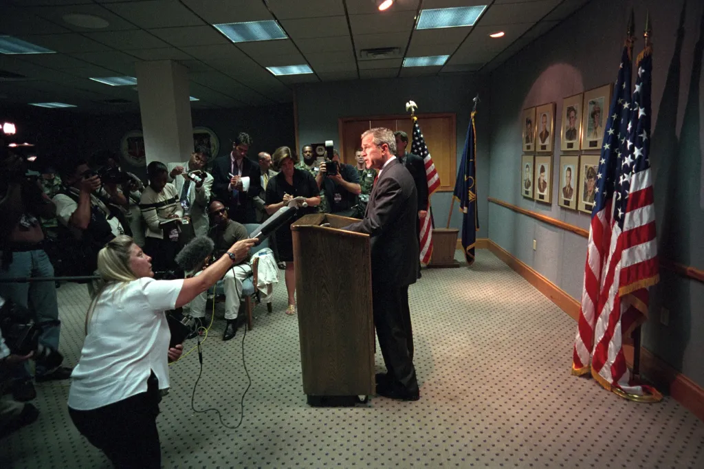 President George W. Bush delivers remarks on the terrorist attacks at Barksdale Air Force Base.