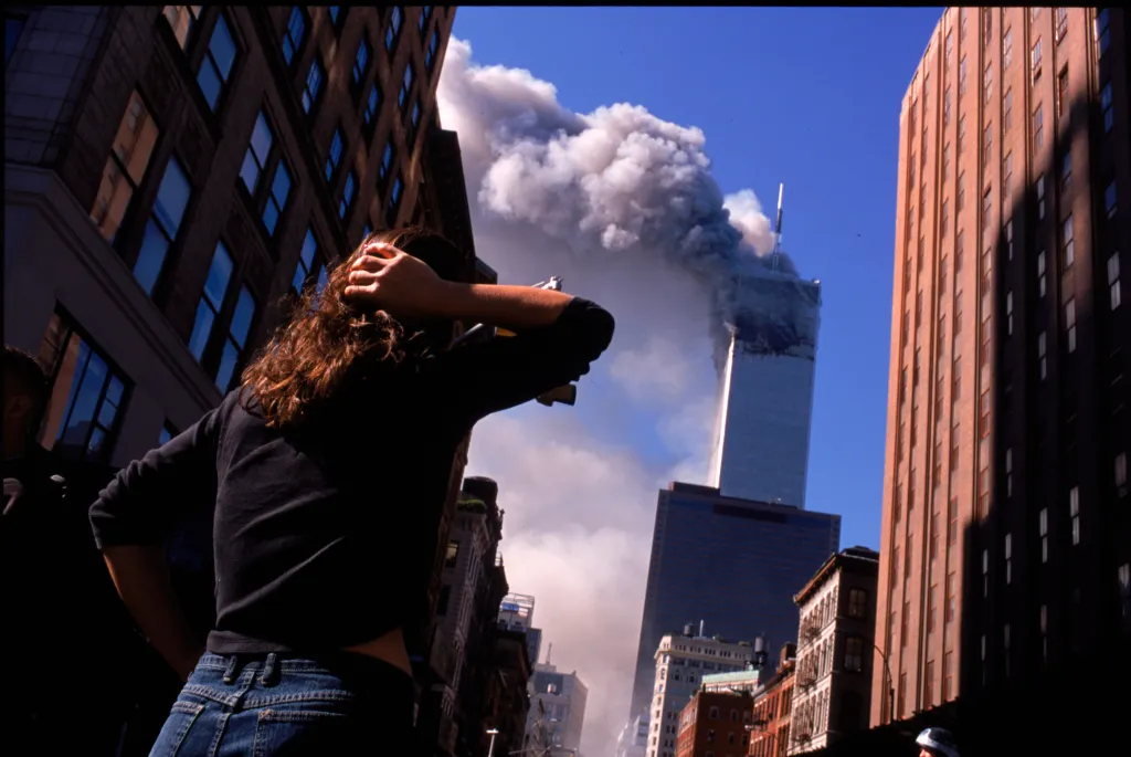 The World Trade Center after it was hit by a hijacked airline plane