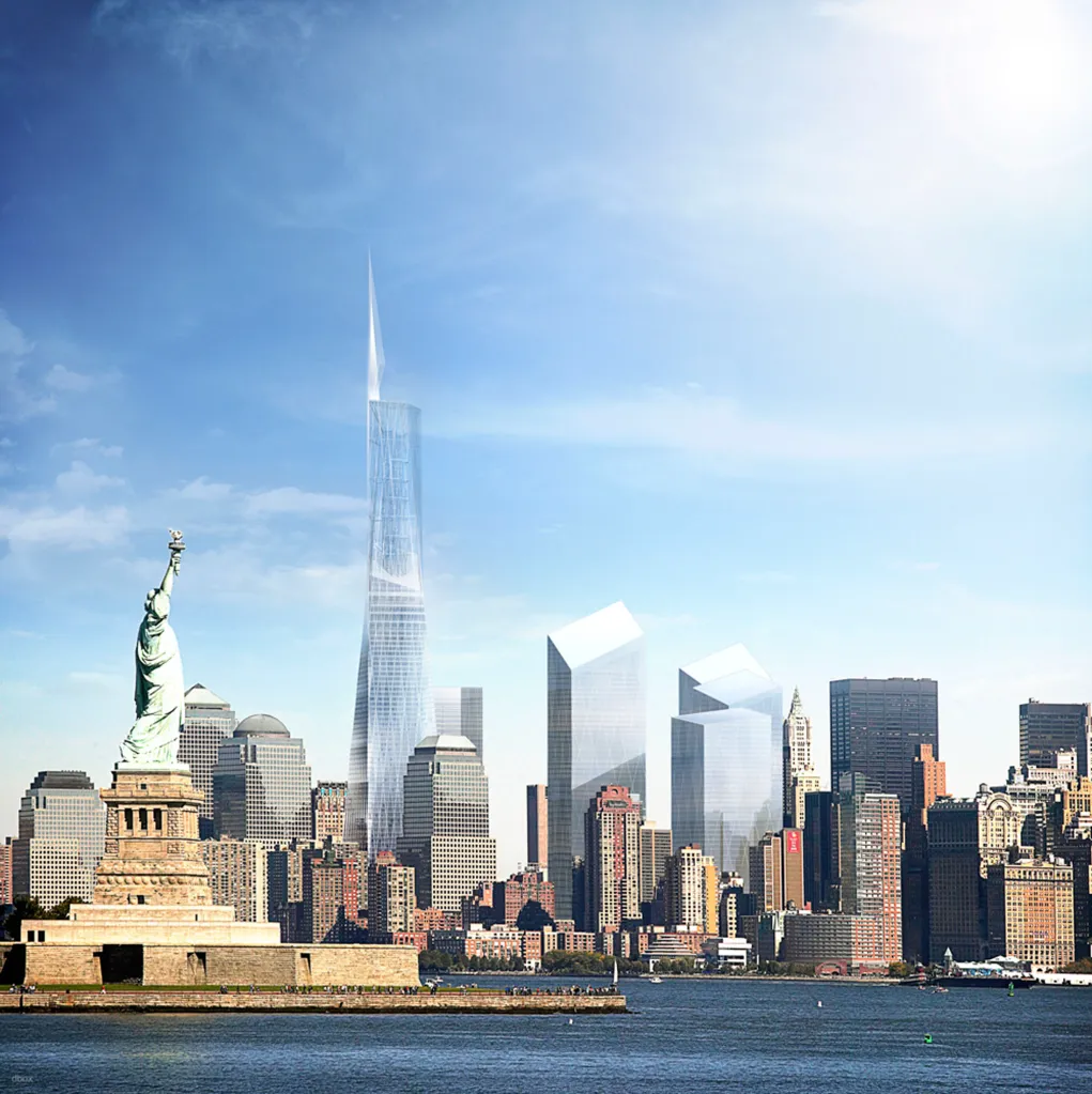 Illustration of the Freedom Tower and other skyscrapers in lower Manhattan with the Statue of Liberty in the foreground.