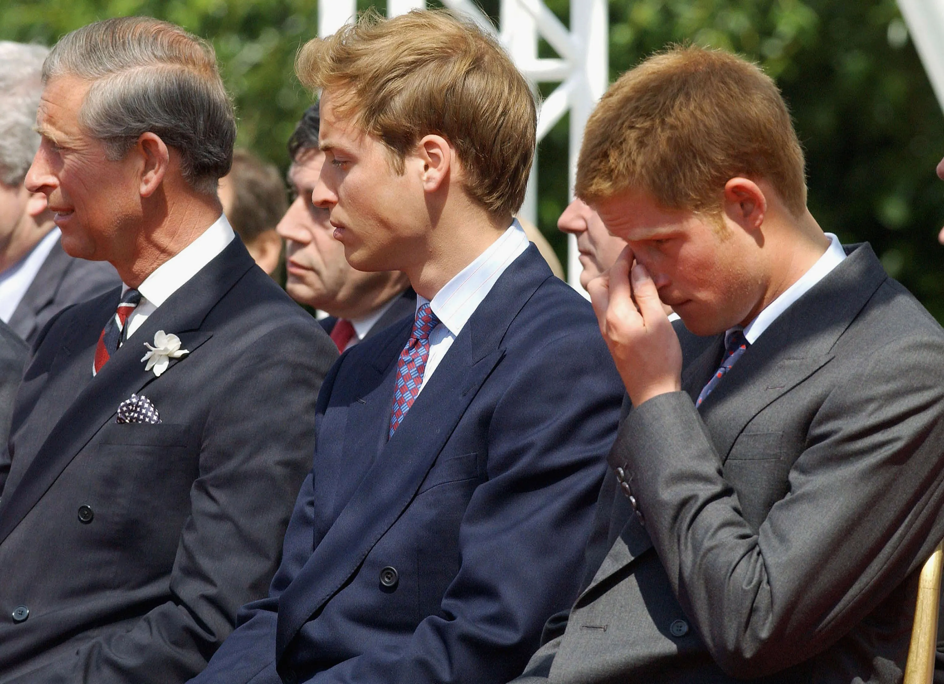 Prince Charles, Prince William, and Prince Harry at the opening of the Diana Princess of Wales Memorial Fountain.