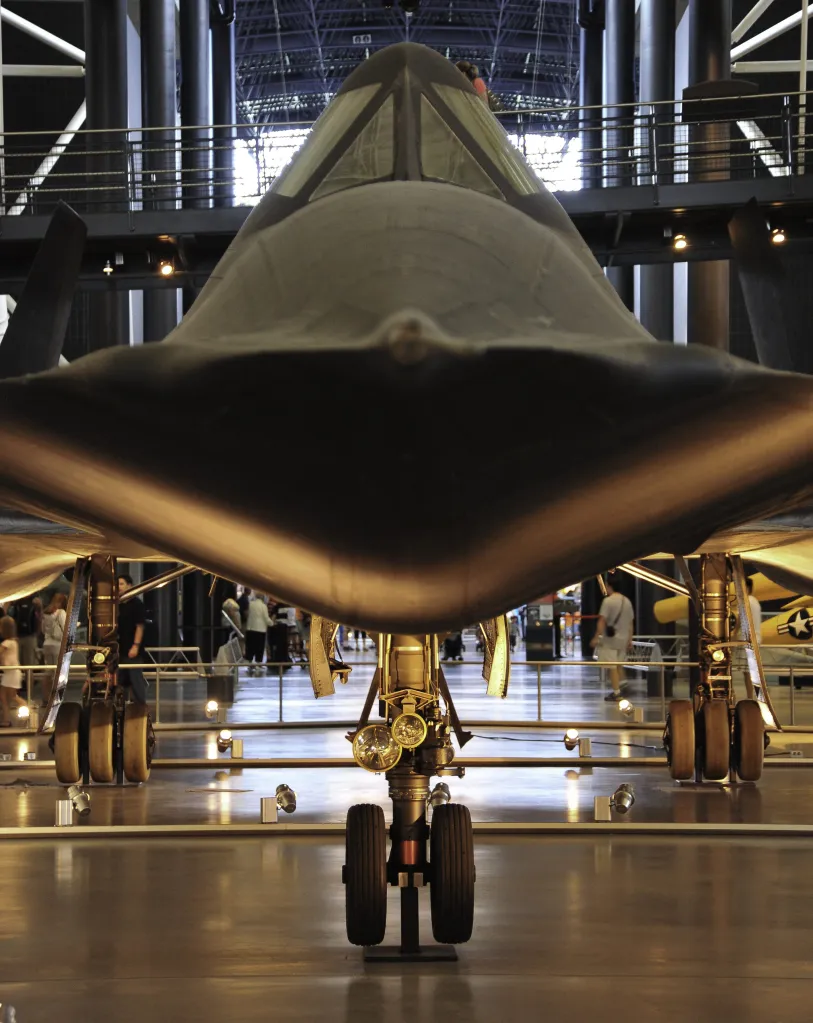 Front view of a Lockheed Martin SR-71 Blackbird on display at the National Air and Space Museum's Steven F. Udvar-Hazy Center.