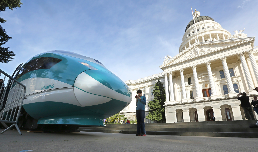 A full-scale mock-up of a high-speed train outside the Capitol in Sacramento, Calif.