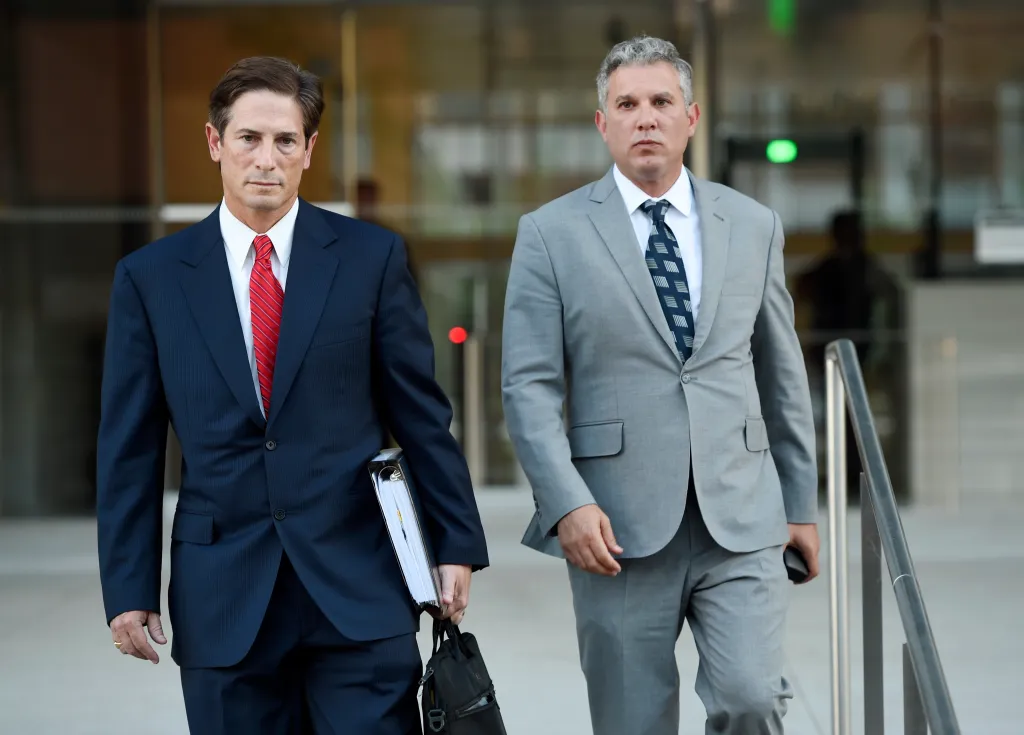 Jonathan Todd Schwartz and his attorney Nathan Hochman leaving federal court after Schwartz's sentencing.