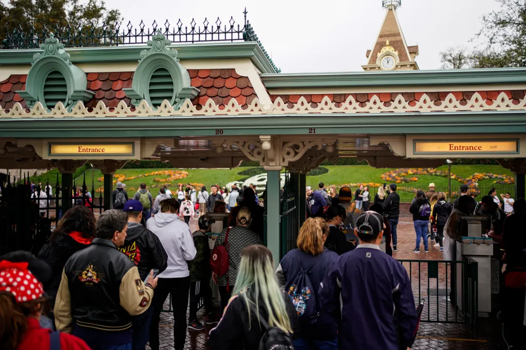 People wait in line to enter Disneyland.