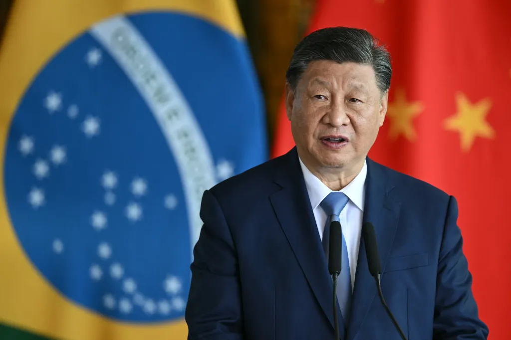 China's President Xi Jinping speaks as he and Brazil's President Luiz Inacio Lula da Silva give a joint statement to the press after a meeting at Alvorada Palace in Brasilia on Nov. 20, 2024.