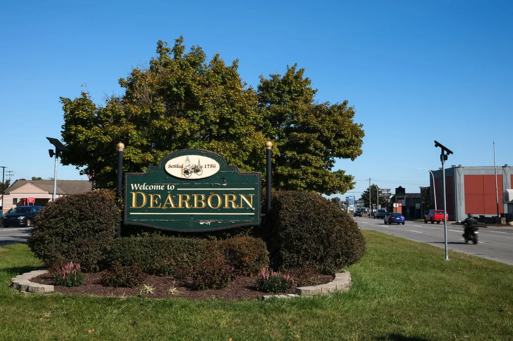 Welcome sign for Dearborn, Michigan.