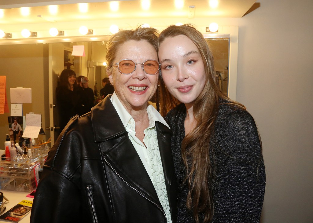 Annette Bening and Ella Beatty smiling backstage at The Belasco Theatre on Broadway.