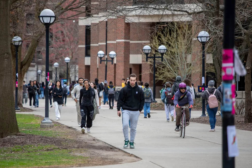 Students walk on the University of Michigan campus.