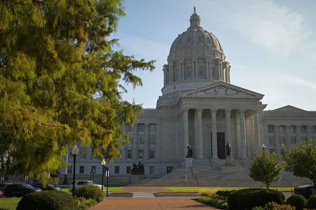 The Missouri State Capitol Building, featuring a grand dome, columns, and a wide staircase.