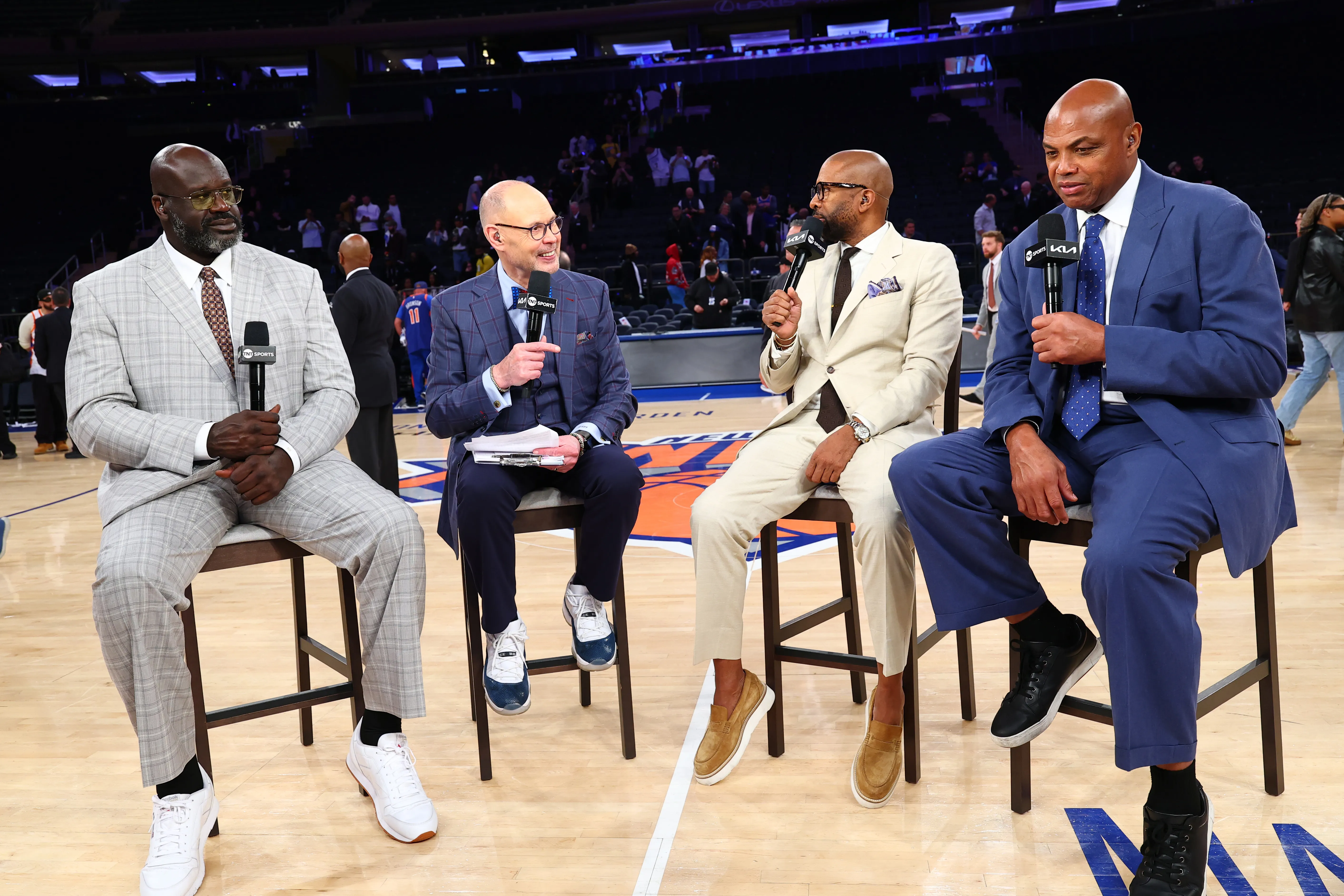 NBA commentators Shaquille O'Neal, Ernie Johnson, Kenny Smith, and Charles Barkley on set at Madison Square Garden.