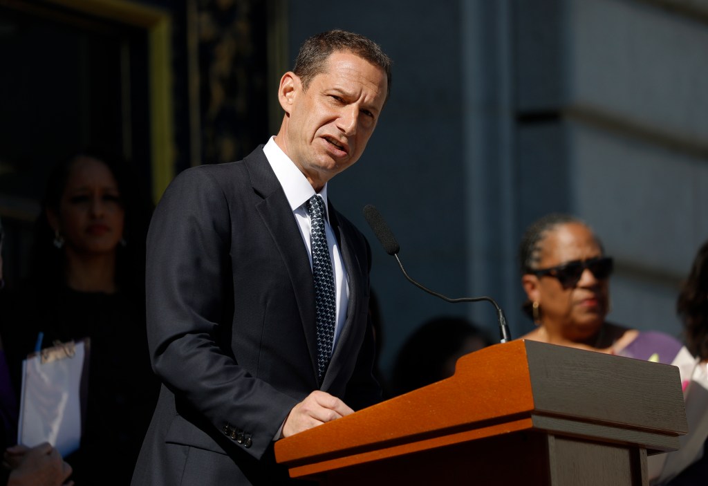 San Francisco Mayor Daniel Lurie speaks at a Domestic Violence Awareness Month rally.