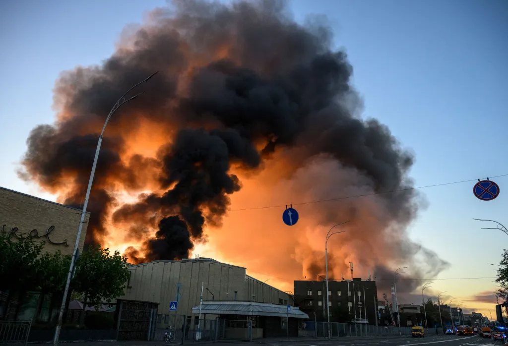 Smoke billows over buildings from a Russian strike in Kyiv, Ukraine.