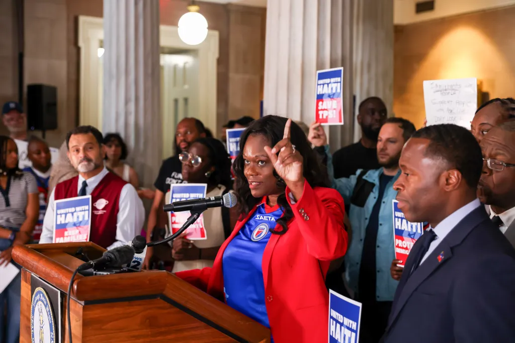  Hermelyn speaks during a rally at Brooklyn Borough Hall in the Brooklyn borough of New York, on July 9, 2026. 
