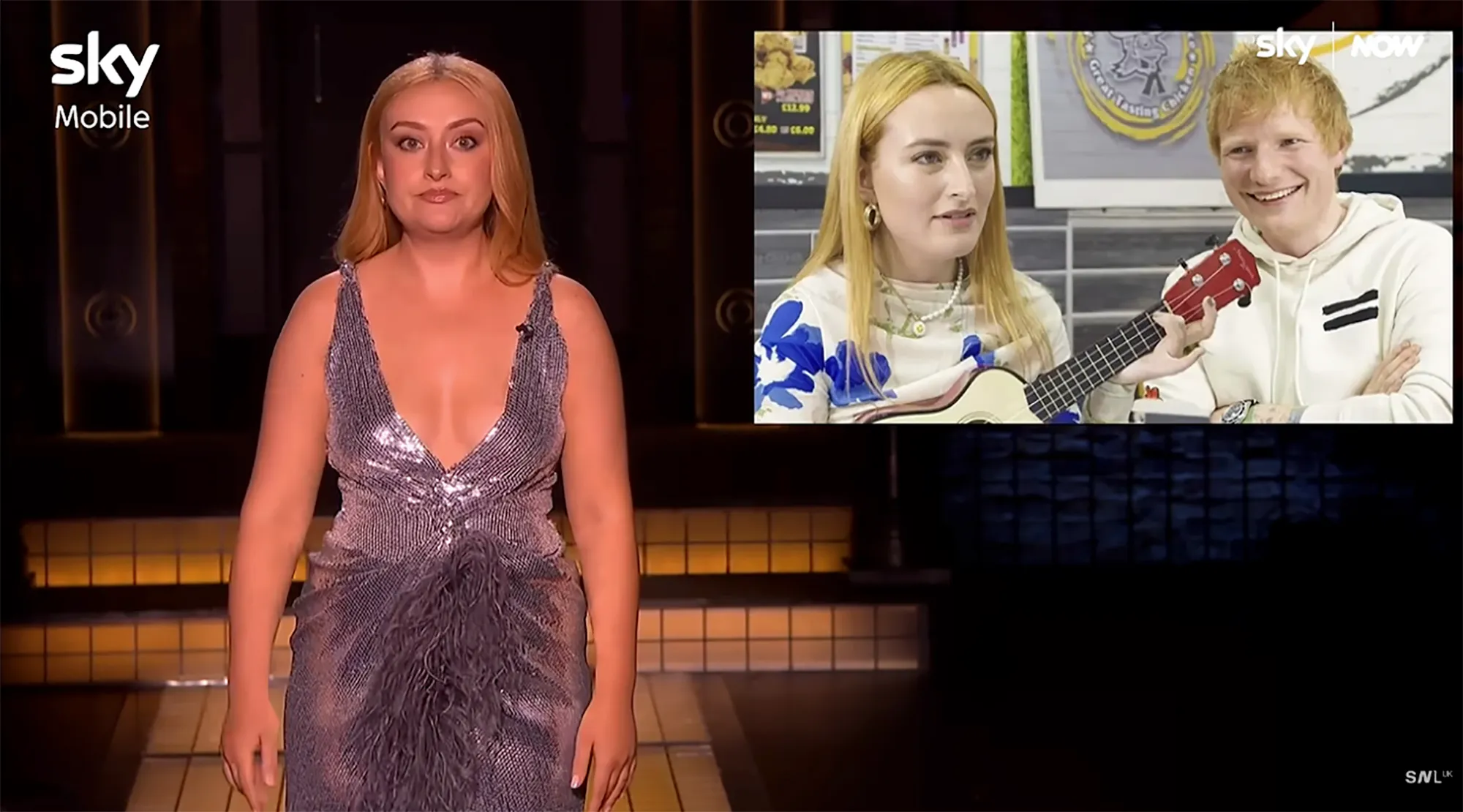 Collage of a woman in a sparkly dress on a stage and a woman playing a ukulele for Ed Sheeran.