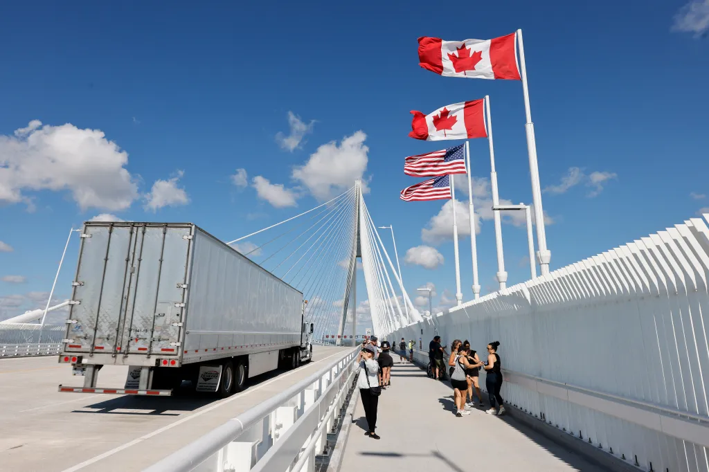 A truck crosses into the United States on the Gordie Howe International Bridge, connecting Windsor, Ontario, and Detroit, Michigan, on Sept. 6, 2026.