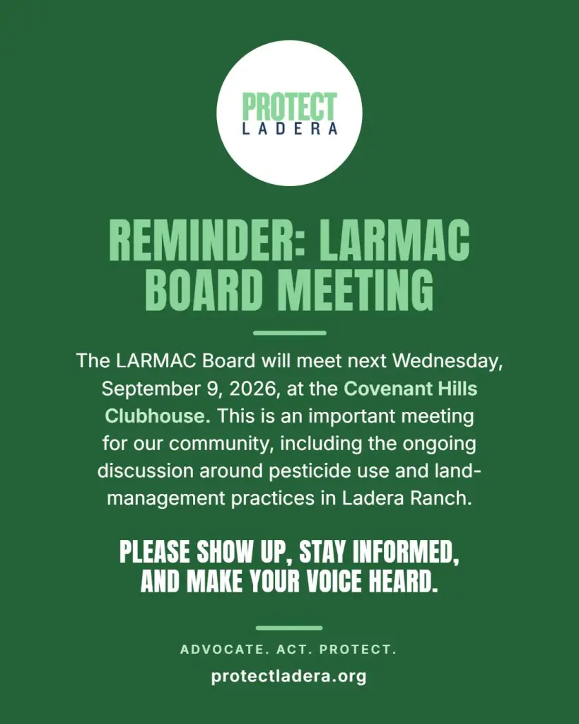 Illustration announcing a LARMAC Board meeting to discuss pesticide use and land management in Ladera Ranch.