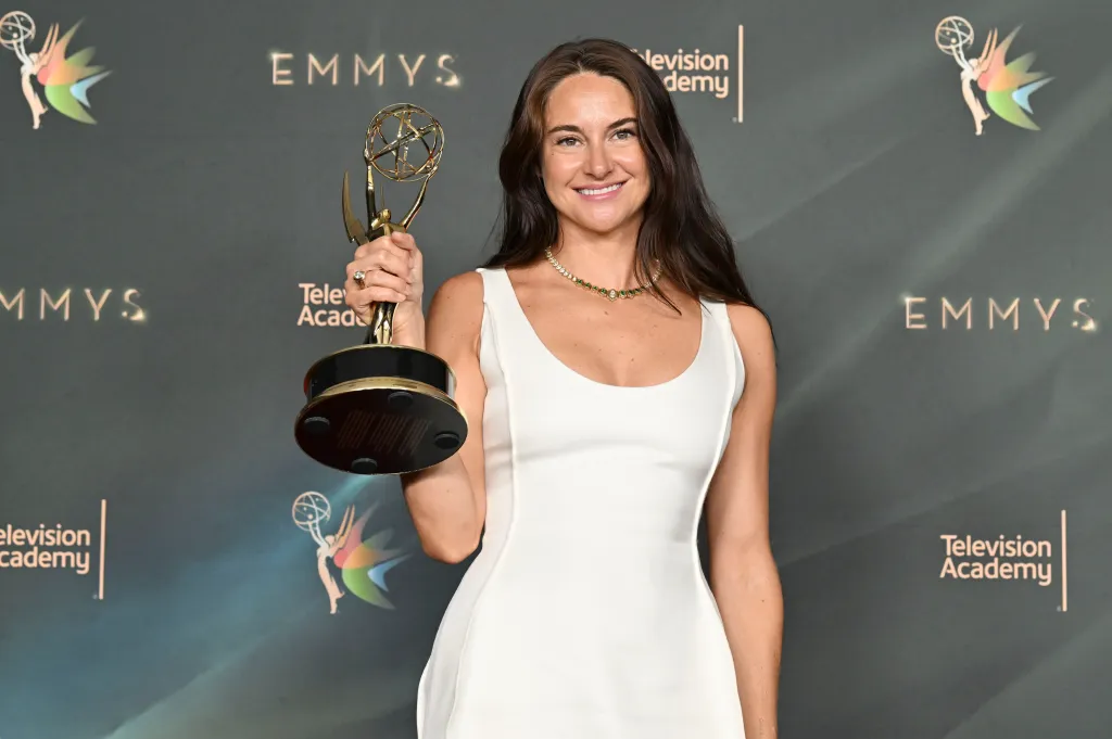 Shailene Woodley holding an Emmy Award at the 2026 Creative Arts Emmy Awards.