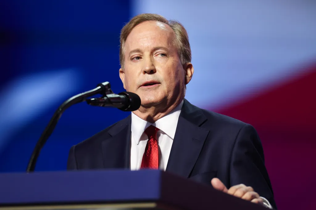 Texas Republican Senate candidate Ken Paxton speaking on stage at the 2026 Republican National Convention.
