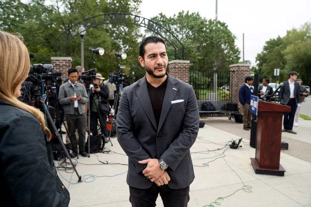 Michigan Democratic Senate candidate Abdul El-Sayed at a press conference in Detroit.