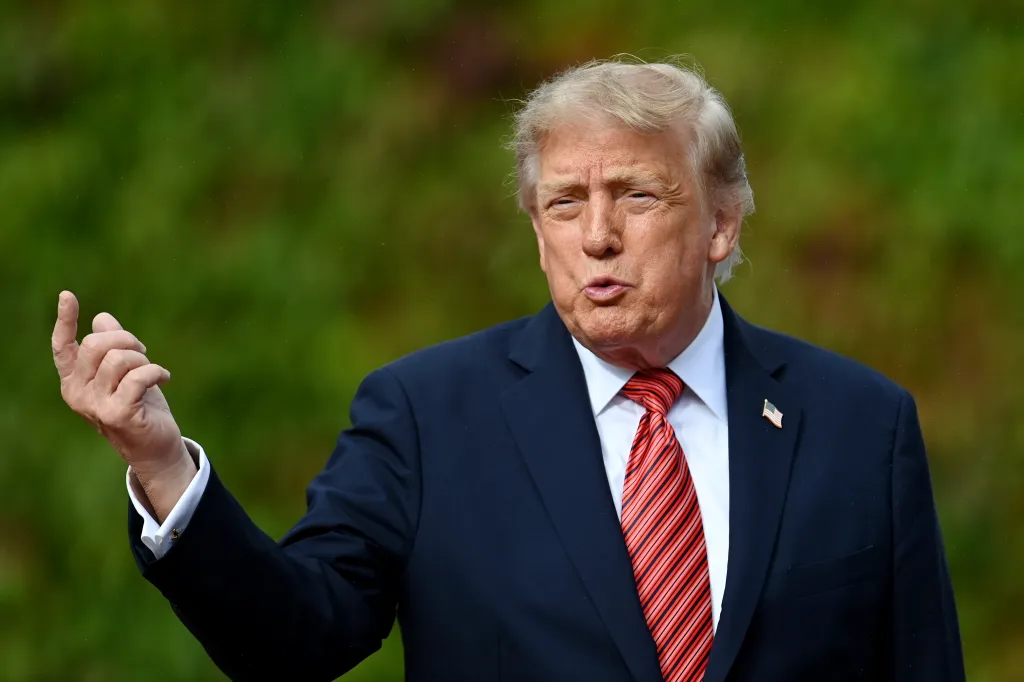 Donald Trump reacting to members of the media after meeting with Irish President Catherine Connolly.