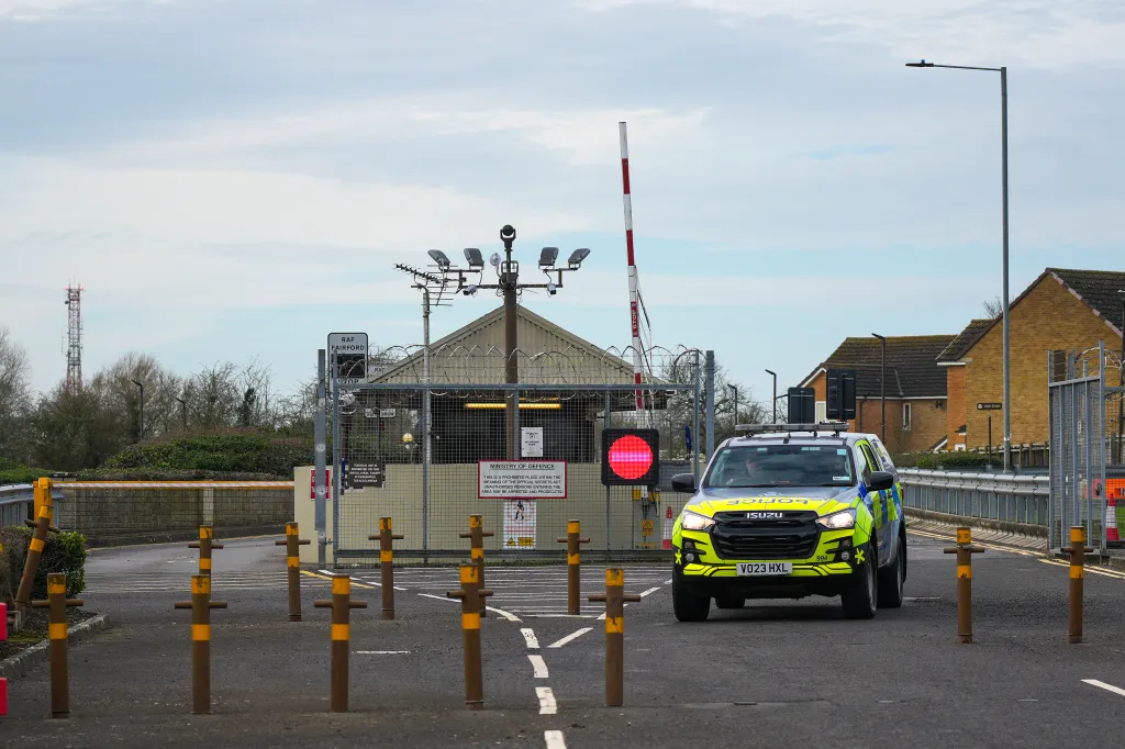 A police vehicle at the main entrance to RAF Fairford.