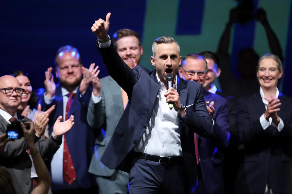 Ulrich Siegmund, Alternative for Germany candidate, gestures while speaking at an election party in Magdeburg, Germany.