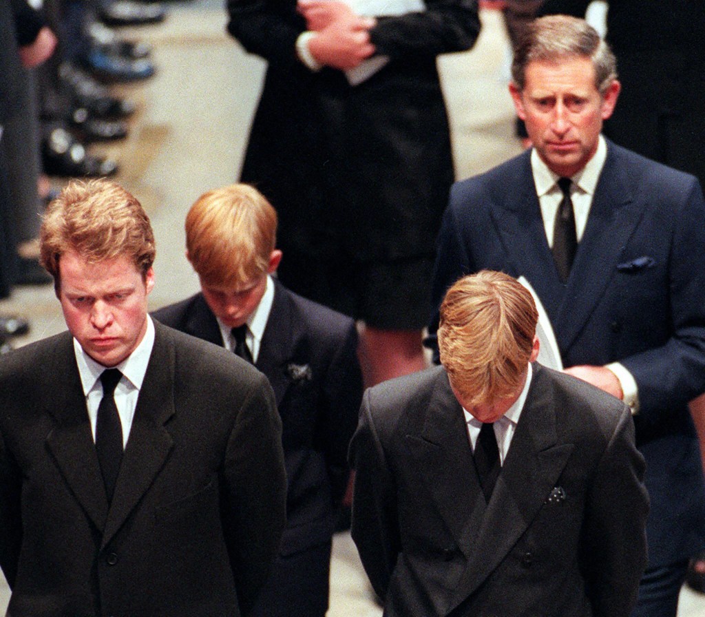 Earl Spencer, Prince William, Prince Harry, and then-Prince Charles at Princess Diana's funeral.